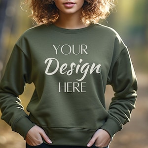 Military Green Gildan 18000 Mockup, Gildan Military Green Sweatshirt Mockup, Military Green Sweatshirt Model Mockup, 18000 Crewneck Green