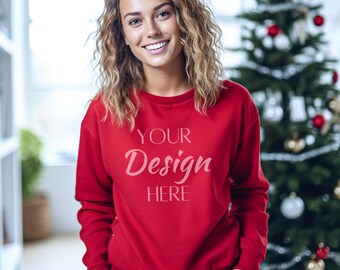 Gildan 18000 Red Mockup, Frau Gildan Red Sweatshirt Mockup, Sweatshirt Modell Mockup, Gildan Red Farbe, 18000 Crewneck Mockup