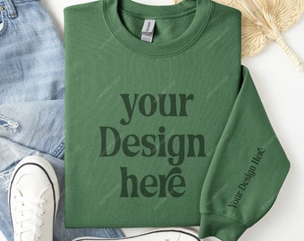 Sweat-shirt Gildan 18000, maquette vert militaire, maquette de manche de sweat-shirt Gildan Clean FlatLay vert militaire, manche de sweat-shirt pliée