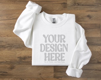 Sweatshirt Mockup, Gildan 18000 White Folded Sweatshirt on Wood Floor, Gildan Sweatshirt Mockup, Flat Lay Gildan Oversized Crewneck Mockup