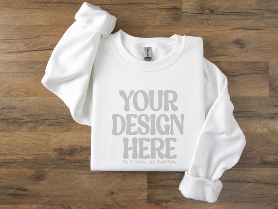 Sweatshirt Mockup, Gildan 18000 White Folded Sweatshirt on Wood Floor, Gildan Sweatshirt Mockup, Flat Lay Gildan Oversized Crewneck Mockup