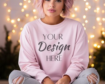 Light Pink Gildan 18000 Mockup, Light Pink 18000 Sweatshirt Mockup, Sweatshirt Model Mockup, Light Pink Gildan Crewneck Mockups, Light Pink