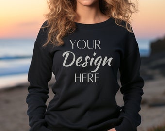 Maquette Gildan 18000, Maquette de sweat-shirt noir 18000, Maquette de modèle de sweat-shirt, Maquettes noires Gildan Crewneck, Maquette de sweat-shirt noir