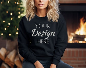 Maquette noire Gildan 18000, maquette de sweat-shirt noir 18000, maquette de modèle de sweat-shirt, maquettes noires Gildan Crewneck, maquette de sweat-shirt noir