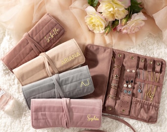 Personalized Velvet Jewelry Roll Organizer, Wedding Bridesmaid Gift, Custom Suede Jewelry Roll, Christmas Gift, Monogram Travel Jewelry Case