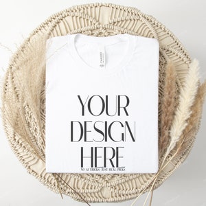 White 3001 Bella Canvas Folded Mock Up, 3001 White Boho Style Mock, POD Tee Mock Up, Bella Canvas Woman T-shirt Flat Lay Mockup Template