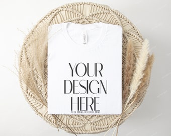 White 3001 Bella Canvas Folded Mock Up, 3001 White Boho Style Mock, POD Tee Mock Up, Bella Canvas Woman T-shirt Flat Lay Mockup Template