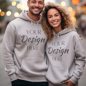 Gildan 18500 Sport Gray Couple Mockup, Men Woman Hoodie Mock-Up, Long Sleeve Hoodie Mockup, Gildan 18500 Husband Wife Sweatshirt Mockup