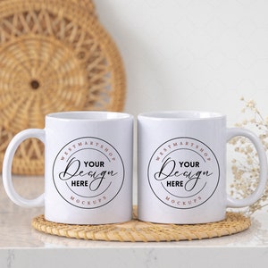 Two 11 oz Coffee Mugs Mockup, 2 Sublimation Mugs Styled Photo, Two Coffee mug Size Comparison, JPG Digital Download