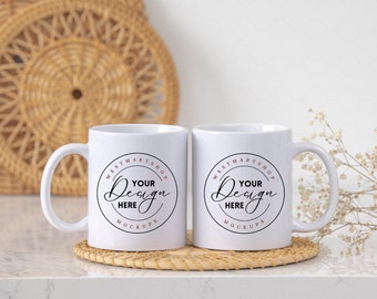 Two 11 oz Coffee Mugs Mockup, 2 Sublimation Mugs Styled Photo, Two Coffee mug Size Comparison, JPG Digital Download