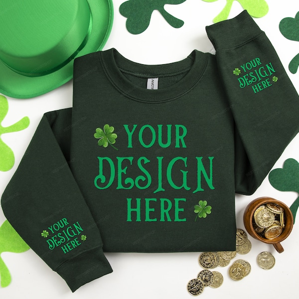 Gildan 18000 Crewneck Forest Green Green Sleeve Mockup, St. Patrick's Day Folded Sweatshirt Mockup, 18000 Elbow Sleeve Folded Parade Sweater