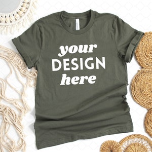 Military Green Bella Canvas 3001 Mockup, Bella & Canvas Military Green T-shirt Mockup, Plain Mockup, Summer Boho Style