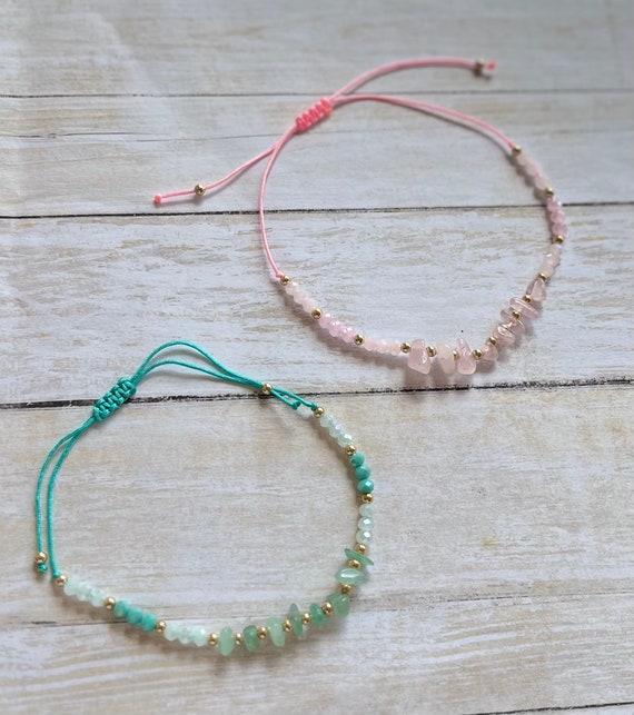 JADE or ROSE QUARTZ Stone Beaded Ankle Bracelet, Adjustable Anklet
