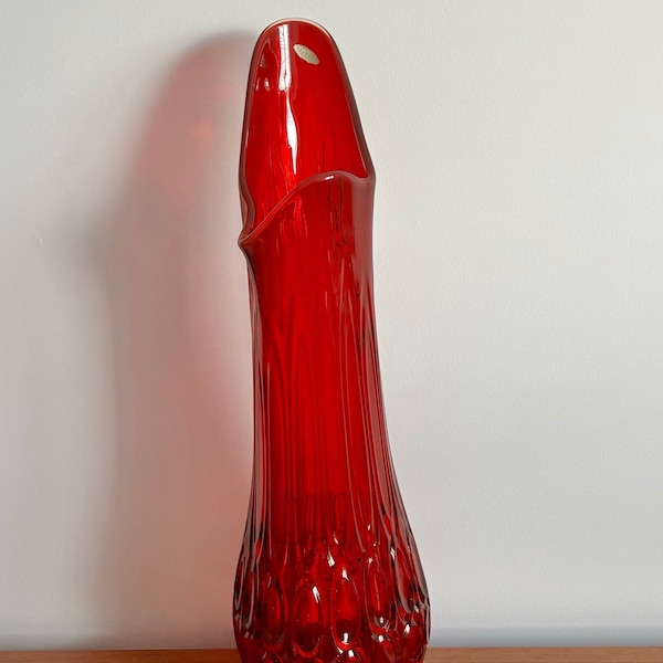 Fayette Glass 21” Thousand Eye Deep Red Amberina Swung Vase with Original Label