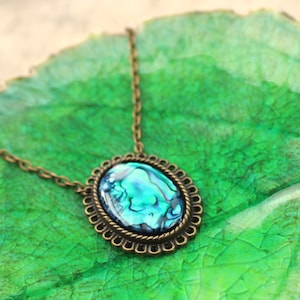 Vintage Abalone Shell Necklace in Blue and Green - Iridescent Abalone Shell Necklace with Vintage Style Frame, Eco-Friendly Gift for her