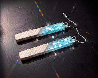 80s Geometric Dangle Earrings • Wood & Blue Resin Retro Jewellery • Bold Statement Triangle Drops • Lightweight Handmade Gift for Her