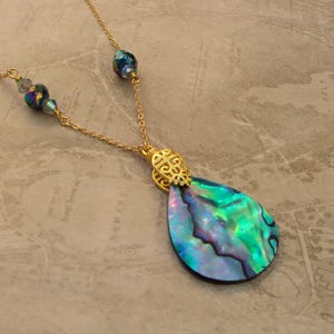 Abalone and Green Crystal Necklace in Sea Colors - Mermaid Inspired Abalone and Green Bead Necklace, Gift for Her, Art Nouveau inspired
