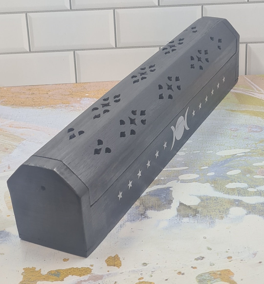 Hand Carved Wood Incense Burner Ash Box With Triple Moon Incense