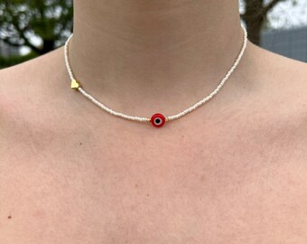 Pearl Evil Eye Necklace, Nazar Necklace, Pearl Beaded, Red Beaded Minimal Necklaces, Heart Necklaces Lucky Evil Eye, Handmade