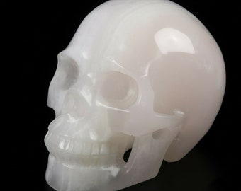 May include: A white, polished, carved crystal skull. The skull is detailed with eye sockets, a nose, and a mouth.
