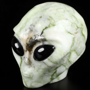 May include: White and green alien skull sculpture with black eyes. The skull is carved from a natural stone with a marbled pattern.