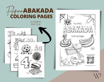 Op de afbeelding: Een set Filippijnse Abakada kleurplaten. De pagina's bevatten illustraties van objecten en dieren, met bijbehorende letters en woorden. De tekst bevat "Filipino Abakada Coloring Pages" en "21 Pages PDF File."