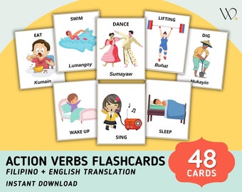 May include: Set of 48 colourful flashcards featuring action verbs in English and Filipino. Each card has an illustration and the word in both languages.  The words include: eat, swim, lift, dance, dig, wake up, sing, and sleep.