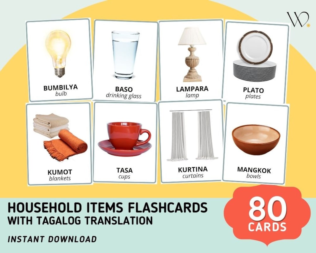 Household Items 80 Cards Flashcards With Tagalog Translation Printable