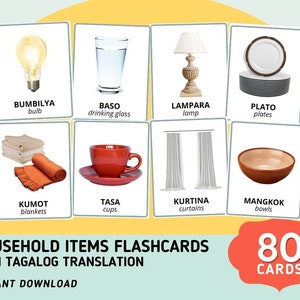 Huishoudelijke artikelen (80 kaarten) Flashcards - met Tagalog-vertaling - Afdrukbare Filippijnse Flashcards - Digitale download