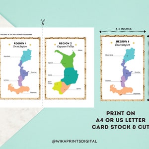 Może przedstawiać: Fiszki z mapami region&oacute;w na Filipinach. Karty mają 10,9 cm szerokości i 16,3 cm wysokości. Tekst na kartach zawiera "Region 1 Ilocos Region" i "Region 2 Cagayan Valley". Karty są przeznaczone do druku na papierze A4 lub US Letter.