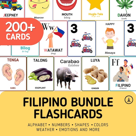Filipino Flashcards Mega Bundle (200+ Cards) | Tagalog-English Printable Flashcards | Alphabet, Numbers, Shapes & More | Digital Download