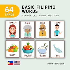 Basic Filipijnse woorden (64 kaarten) Flashcards - Tagalog Flashcards met Engelse vertaling, afdrukbare Filipijnse Flashcards, digitale download
