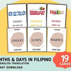 Days and Months with Tagalog Translation and Pronunciation - Printable Learning Filipino Flashcards Educational - Digital Print