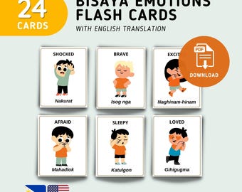 Tarjetas didácticas sobre las emociones en bisaya (24 tarjetas) con traducción al inglés - Tarjetas didácticas en inglés - Imprimibles - Tarjetas didácticas Montessori