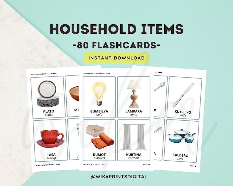 Household Items 80 Cards Flashcards With Tagalog Translation Printable