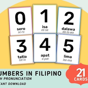 Numbers in Filipino (21 Cards)  Flashcards- Tagalog Flashcards with Pronunciation, Printable Filipino Flashcards Numbers