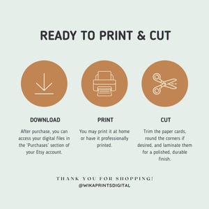 Może przedstawiać: Jasnozielona grafika z instrukcjami drukowania i wycinania plik&oacute;w cyfrowych. Tekst brzmi &bdquo;READY TO PRINT & CUT&rdquo; z krokami pobierania, drukowania i wycinania. Zawiera tekst &bdquo;THANK YOU FOR SHOPPING!&rdquo; i uchwyt do medi&oacute;w społecznościowych sklepu.