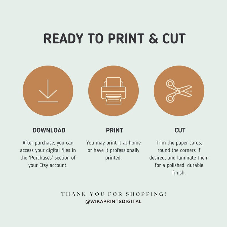 Może przedstawiać: Jasnozielona grafika z instrukcjami drukowania i wycinania plik&oacute;w cyfrowych. Tekst brzmi &bdquo;READY TO PRINT & CUT&rdquo; z krokami pobierania, drukowania i wycinania. Zawiera tekst &bdquo;THANK YOU FOR SHOPPING!&rdquo; i uchwyt do medi&oacute;w społecznościowych sklepu.