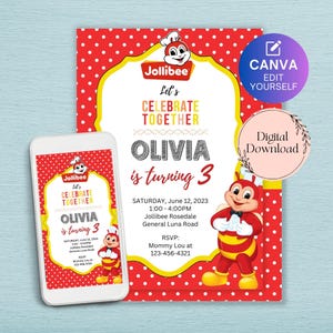 Bewerkbare Jollibee-verjaardagsuitnodiging | Gepersonaliseerde Jollibee-verjaardagsuitnodiging | Jollibee kinderverjaardagsuitnodiging | Digitale download
