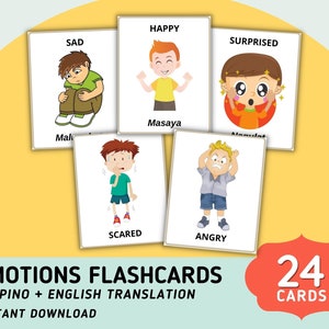 Tarjetas didácticas de emociones (24 tarjetas) Traducción al filipino e inglés - Tarjetas didácticas filipinas imprimibles - Tarjetas didácticas de sentimientos - Descarga digital