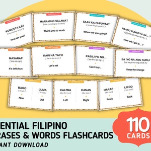 Essentiële Filippijnse zinnen 110 kaarten Flashcards - Filipijns met Engelse vertaling Flashcards - Woordenschatuitdrukking - Afdrukbare flashcards