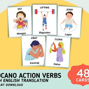 Flashcards de verbos de ação Ilocano (48 cartões) com tradução em inglês - Flashcards Ilocano para impressão - dialeto filipino - download digital