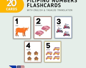 May include: A set of 20 colourful flashcards featuring Filipino numbers 1 through 5 with English and Tagalog translations. Each card has a number, the English word, the Tagalog word, and a colourful illustration.