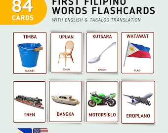 First Filipino Words (84 cards) Flashcards - Tagalog Flashcards with English Translation, Filipino Montessori Flashcards, Digital Download