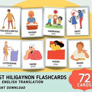 Flashcards First Hiligaynon Words (72 cartões) com tradução para o inglês - Flashcards Ilonggo básicos - Flashcards de aprendizagem para impressão