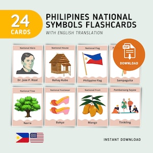 Symbole narodowe Filipin – fiszki | Kultura filipińska do druku dla dzieci | Karty edukacyjne z symbolami Filipin | Pobierz cyfrowo