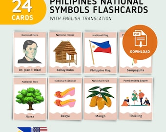 Symbole narodowe Filipin – fiszki | Kultura filipińska do druku dla dzieci | Karty edukacyjne z symbolami Filipin | Pobierz cyfrowo