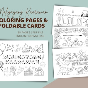Happy Birthday Coloring Cards Printable | 30 Printable PDF | Maligayang Kaarawan Filipino Greeting Cards Printable | Digital Download