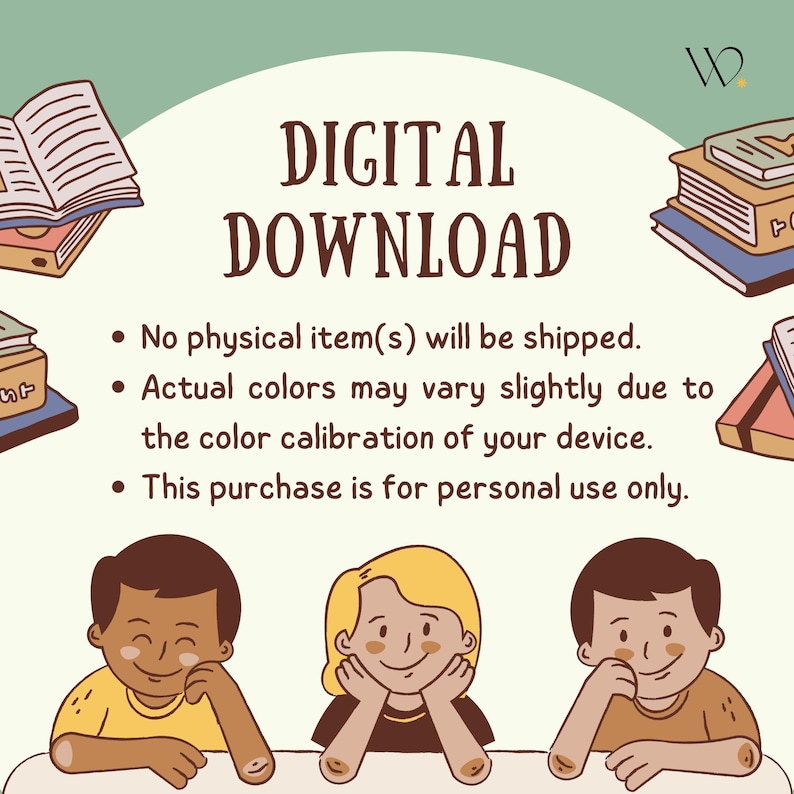 Może przedstawiać: Grafika do pobrania cyfrowego z tekstem "DIGITAL DOWNLOAD" w fantazyjnej czcionce. Obraz zawiera ilustracje książek i troje uśmiechniętych dzieci. Poniżej tekst: "Żadne fizyczne przedmioty nie zostaną wysłane."