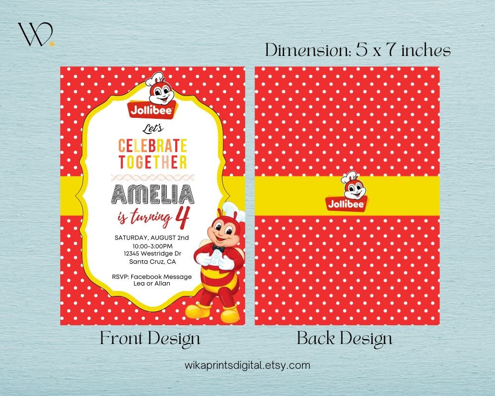 Jollibee Birthday Party Personalized Invitation Jollibee Themed Party